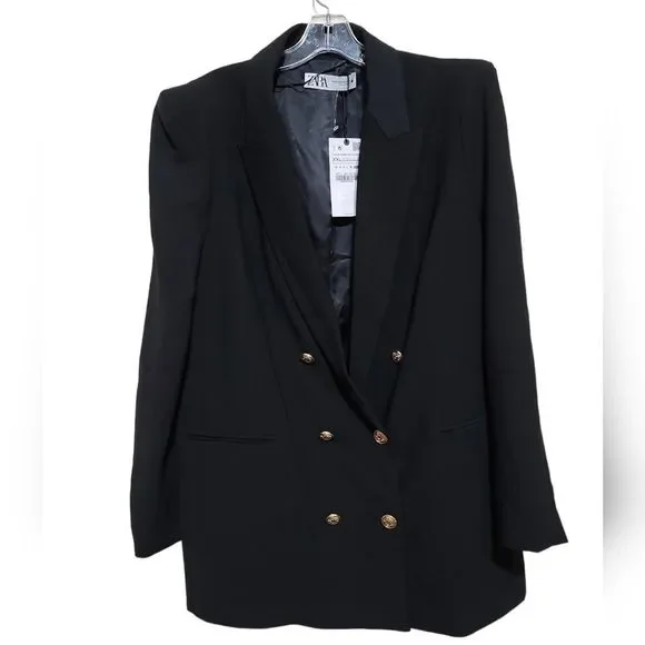 ZARA Black Padded Shoulder Double Breasted Blazer with Gold Buttons Sz XXL - Picture 11 of 12